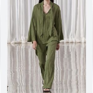 Zara Wrinkled Linen Pajama Pants Rustic Pull On Womens XL Green New 4786/065 New